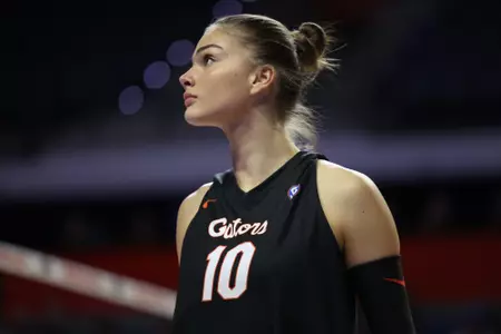 during the Gators' match against the Sooners on Wednesday, October 22, 2025 at Exactech Arena at the Stephen C. O'Connell Center in Gainesville, Fla. / UAA Communications photo by Jordan Perez