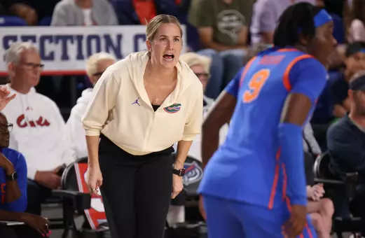 Kelly Rae Finley calls out from the sideline at Florida Atlantic