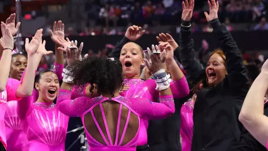 Selena Harris-Miranda celebrates her uneven bars routine 250214