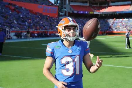 during the Gators' game against the Tigers on Saturday, November 16, 2024 at Ben Hill Griffin Stadium in Gainesville, Fla. / UAA Communications photo by Jay Metz