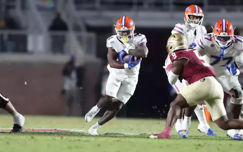 during the Gators' game against the Florida State Seminoles on Saturday, November 30, 2024 at Doak Campbell Stadium in Tallahassee, Fla. / UAA Communications photo by Bryce Mitchell