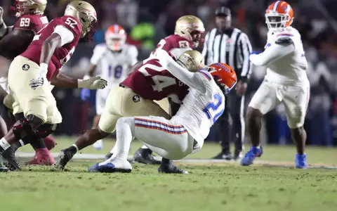 during the Gators' game against the Florida State Seminoles on Saturday, November 30, 2024 at Doak Campbell Stadium in Tallahassee, Fla. / UAA Communications photo by Bryce Mitchell