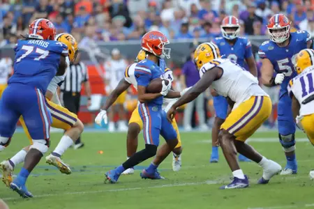 during the Gators' game against the Tigers on Saturday, November 16, 2024 at Ben Hill Griffin Stadium in Gainesville, Fla. / UAA Communications photo by Jay Metz