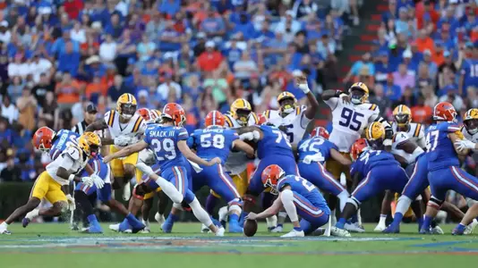 during the Gators' game against the LSU Tigers on Saturday, November 16, 2024 at Ben Hill Griffin Stadium in Gainesville, Fla. / UAA Communications photo by Trenton Bardi