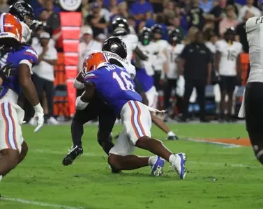 during the Gators' game against the UCF Knights on Saturday, October 5, 2024 at Ben Hill Griffin Stadium in Gainesville, Fla. / UAA Communications photo by Victoria Riccobono