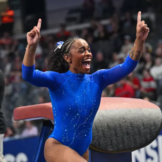 Selena Harris-Miranda celebrates her 10.0 vault at SEC Championships 250322