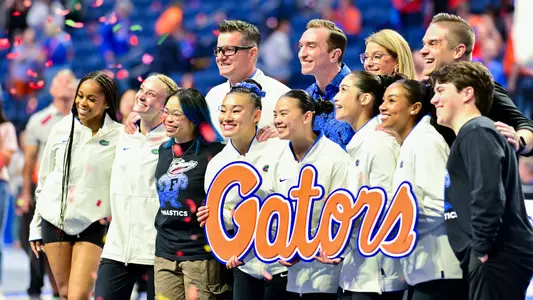 Florida gymnastics 2025 Senior Night - Sloane Blakely (left), Riley McCusker, Morgan Hurd, Leanne Wong, Ellie Lazzari, Victoria Nguyen, Bri Edwards, manager Will Gomez. Back row: Adrian Burde, Jeremy Miranda, Jenny Rowland and Owen Field