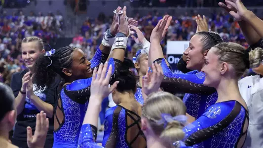Selena Harris-Miranda celebrates her uneven bars routine 250314