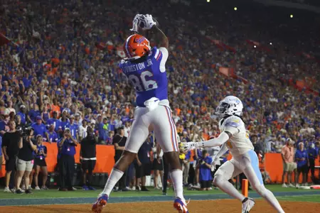 during the Gators' game against the Sharks on Saturday, August 30, 2025 at Ben Hill Griffin Stadium in Gainesville, Fla. / UAA Communications photo by Victoria Riccobono