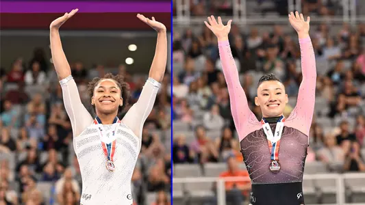 Skye Blakely (left) and Leanne Wong at 2024 Xfinity U.S. Championships award ceremony