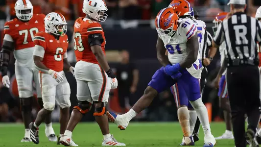 during the Gators' game against the Hurricanes on Saturday, September 20, 2025 at Hard Rock Stadium in Miami Gardens, Fla. / UAA Communications photo by Madilyn Gemme