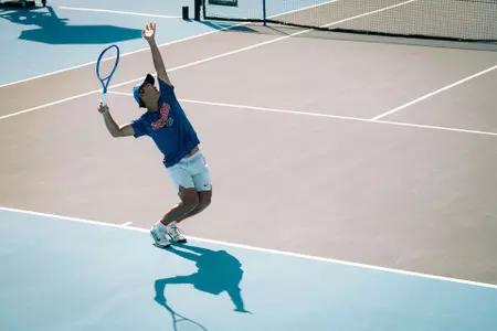Jeremy Jin serving at ITA All-American in Tulsa, Okla.