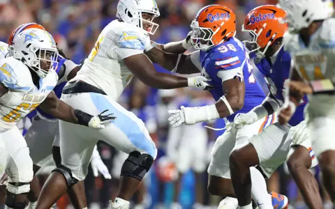 during the Gators' game against the Sharks on Saturday, August 30, 2025 at Ben Hill Griffin Stadium in Gainesville, Fla. / UAA Communications photo by Madilyn Gemme