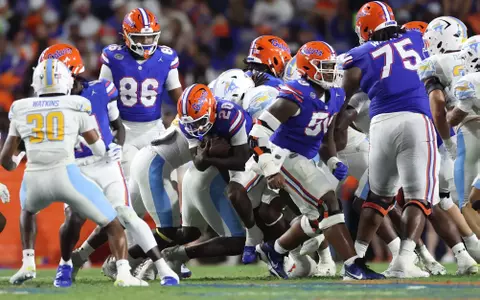during the Gators' game against the Sharks on Saturday, August 30, 2025 at Ben Hill Griffin Stadium in Gainesville, Fla. / UAA Communications photo by Madilyn Gemme