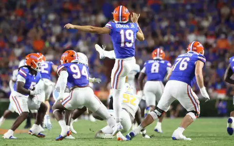 during the Gators' game against the Sharks on Saturday, August 30, 2025 at Ben Hill Griffin Stadium in Gainesville, Fla. / UAA Communications photo by Bella Rosa