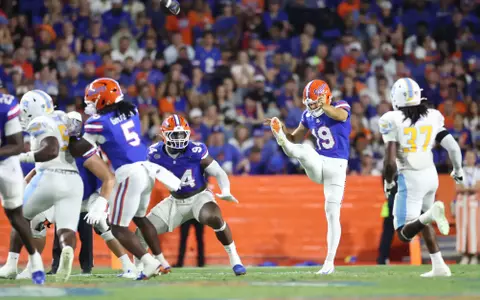 during the Gators' game against the Sharks on Saturday, August 30, 2025 at Ben Hill Griffin Stadium in Gainesville, Fla. / UAA Communications photo by Madilyn Gemme