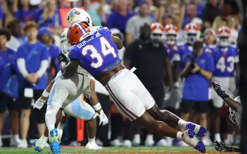 during the Gators' game against the Sharks on Saturday, August 30, 2025 at Ben Hill Griffin Stadium in Gainesville, Fla. / UAA Communications photo by Madilyn Gemme