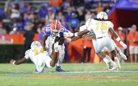 during the Gators' game against the Sharks on Saturday, August 30, 2025 at Ben Hill Griffin Stadium in Gainesville, Fla. / UAA Communications photo by Madilyn Gemme