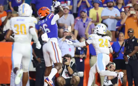 during the Gators' game against the Sharks on Saturday, August 30, 2025 at Ben Hill Griffin Stadium in Gainesville, Fla. / UAA Communications photo by Madilyn Gemme