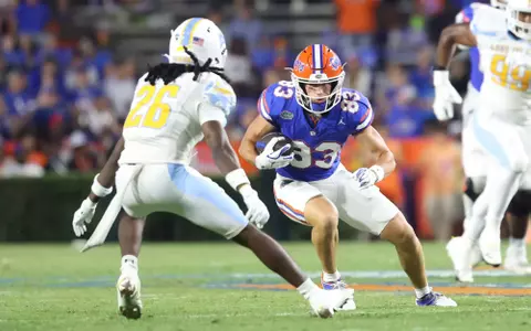 during the Gators' game against the Sharks on Saturday, August 30, 2025 at Ben Hill Griffin Stadium in Gainesville, Fla. / UAA Communications photo by Madilyn Gemme