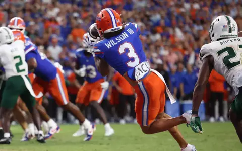 during the Gators' game against the USF Bulls on Saturday, September 6, 2025 at Ben Hill Griffin Stadium in Gainesville, Fla. / UAA Communications photo by Maddie Washburn