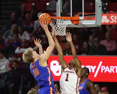 during the Gators' game against the Oklahoma Sooners on Tuesday, January 13, 2026 at Lloyd Noble Center in Norman, Okla. / UAA Communications photo by Maddie Washburn