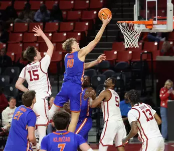 during the Gators' game against the Oklahoma Sooners on Tuesday, January 13, 2026 at Lloyd Noble Center in Norman, Okla. / UAA Communications photo by Maddie Washburn
