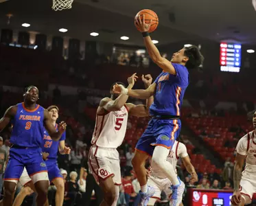 during the Gators' game against the Oklahoma Sooners on Tuesday, January 13, 2026 at Lloyd Noble Center in Norman, Okla. / UAA Communications photo by Maddie Washburn