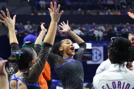 Skye Blakely reacts to her 9.975 floor exercise score 260130