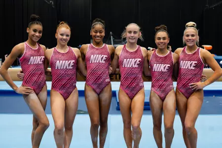 The U.S. Gymnastics team at 2026 World Championships podium training (from left) - Charleigh Bullock, Dulcy Caylor, Skye Blakely, Claire Pease, Hezly Rivera, Reese Esponda