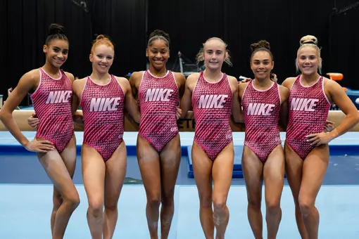 The U.S. Gymnastics team at 2026 World Championships podium training (from left) - Charleigh Bullock, Dulcy Caylor, Skye Blakely, Claire Pease, Hezly Rivera, Reese Esponda