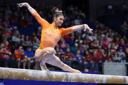 Kayla DiCello competes on balance beam at the 2026 Southeastern Conference Championships