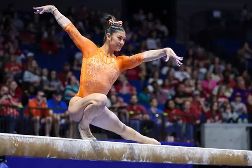 Kayla DiCello competes on balance beam at the 2026 Southeastern Conference Championships