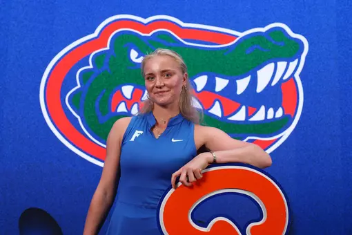 Florida Women's Tennis signee Rebecca Mortensen poses with the Gators logo and script sign