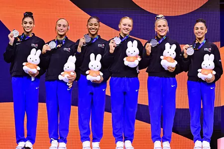 U.S. women take silver at 2026 World Championships in Rotterdam. The team includes two with Gator ties - Skye Blakely (third from left) and signee Dulcy Caylor (third from right)