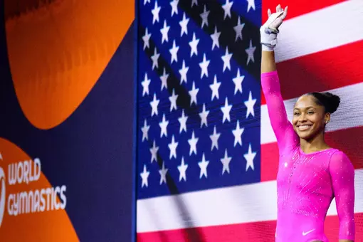 Skye Blakely is introduced prior to the 2026 World Championships uneven bars final 261024