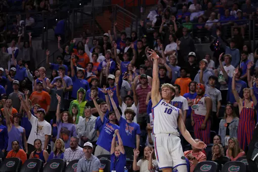 Florida forward Thomas Haugh and Rowdy Reptiles during the Gators' game against the Stetson Hatters on Tuesday, October 27, 2026 at Exactech Arena at the Stephen C. O'Connell Center in Gainesville, FL / UAA Communications photo by Ethan Caruso