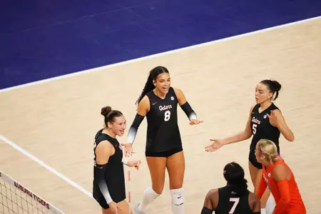 Florida volleyball celebrates during the Oct. 30, 2026 match against Auburn.