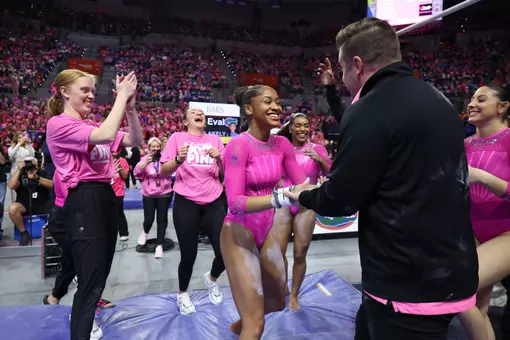 during the Gators' meet against the Sooners on Friday, February 13, 2026 at Exactech Arena at the Stephen C. O'Connell Center in Gainesville, FL / UAA Communications photo by Hannah White
