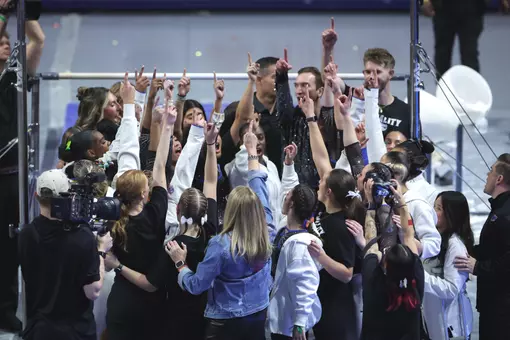 Gators Gymnastics huddle (2026 vs. Arkansas)