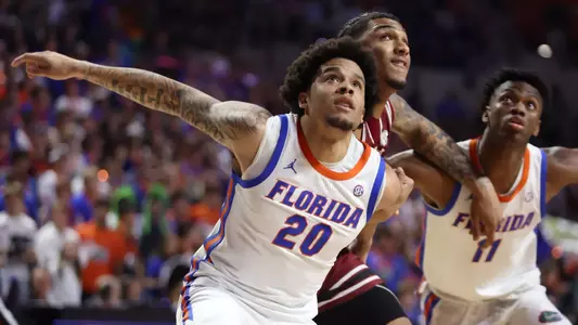 during the Gators' game against the Gamecocks on Tuesday, February 17, 2026 at Exactech Arena at the Stephen C. O'Connell Center in Gainesville, FL / UAA Communications photo by Victoria Riccobono