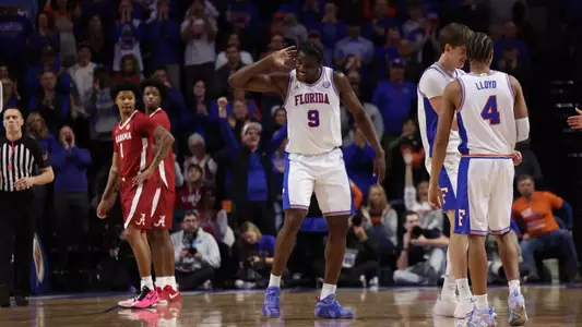 during the Gators' game against the Crimson Tide on Sunday, February 1, 2026 at Exactech Arena at the Stephen C. O'Connell Center in Gainesville, FL / UAA Communications photo by Bella Rosa
