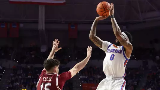 during the Gators' game against the Gamecocks on Tuesday, February 17, 2026 at Exactech Arena at the Stephen C. O'Connell Center in Gainesville, FL / UAA Communications photo by Victoria Riccobono