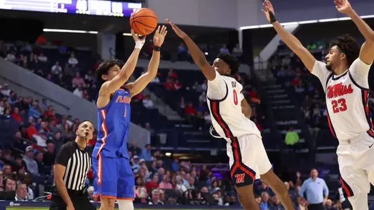 during the Gators' game against the Rebels on Saturday, February 21, 2026 at The Sandy and John Black Pavilion in Oxford, Miss. / UAA Communications photo by Maddie Washburn