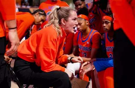 Head Coach Kelly Rae Finley huddles with her team during a timeout at Vanderbilt
