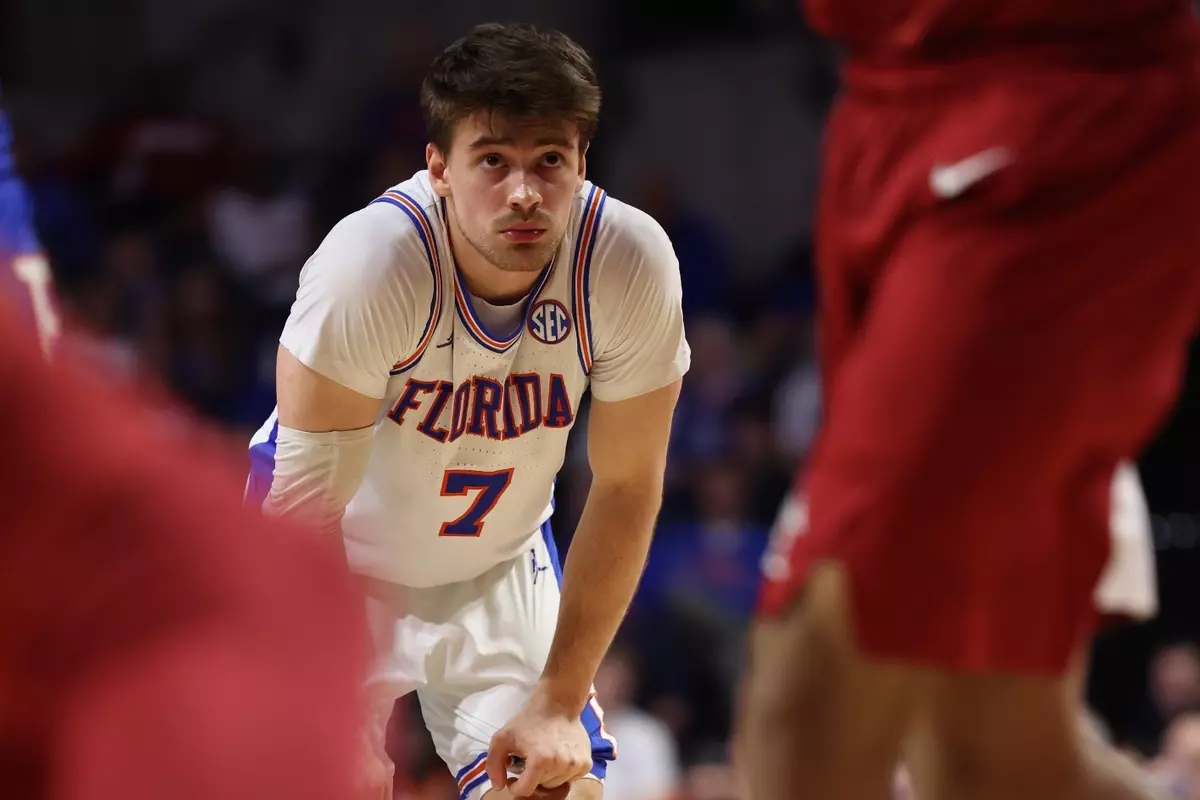 during the Gators' game against the Razorbacks on Saturday, February 28, 2026 at Exactech Arena at the Stephen C. O'Connell Center in Gainesville, FL / UAA Communications photo by Maddie Washburn