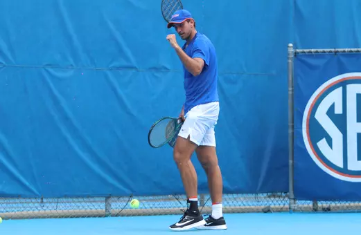Lorenzo Claverie celebrating after a point in singles against Mississippi State.