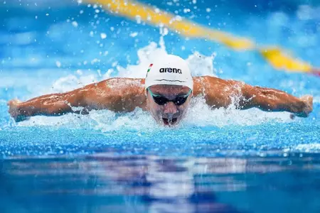 Zoltán Bagi swimming the 100m butterfly at the 2025 Hungarian Short Course Championships in Debrecen, Hungary on Thursday, November 6, 2025.