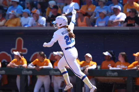 Cassidy McLellan celebrating after hitting a home run vs. Tennessee