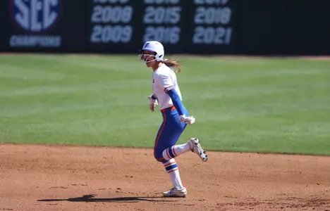 Taylor Shumaker celebrates after hitting a home run against No. 1 Tennessee